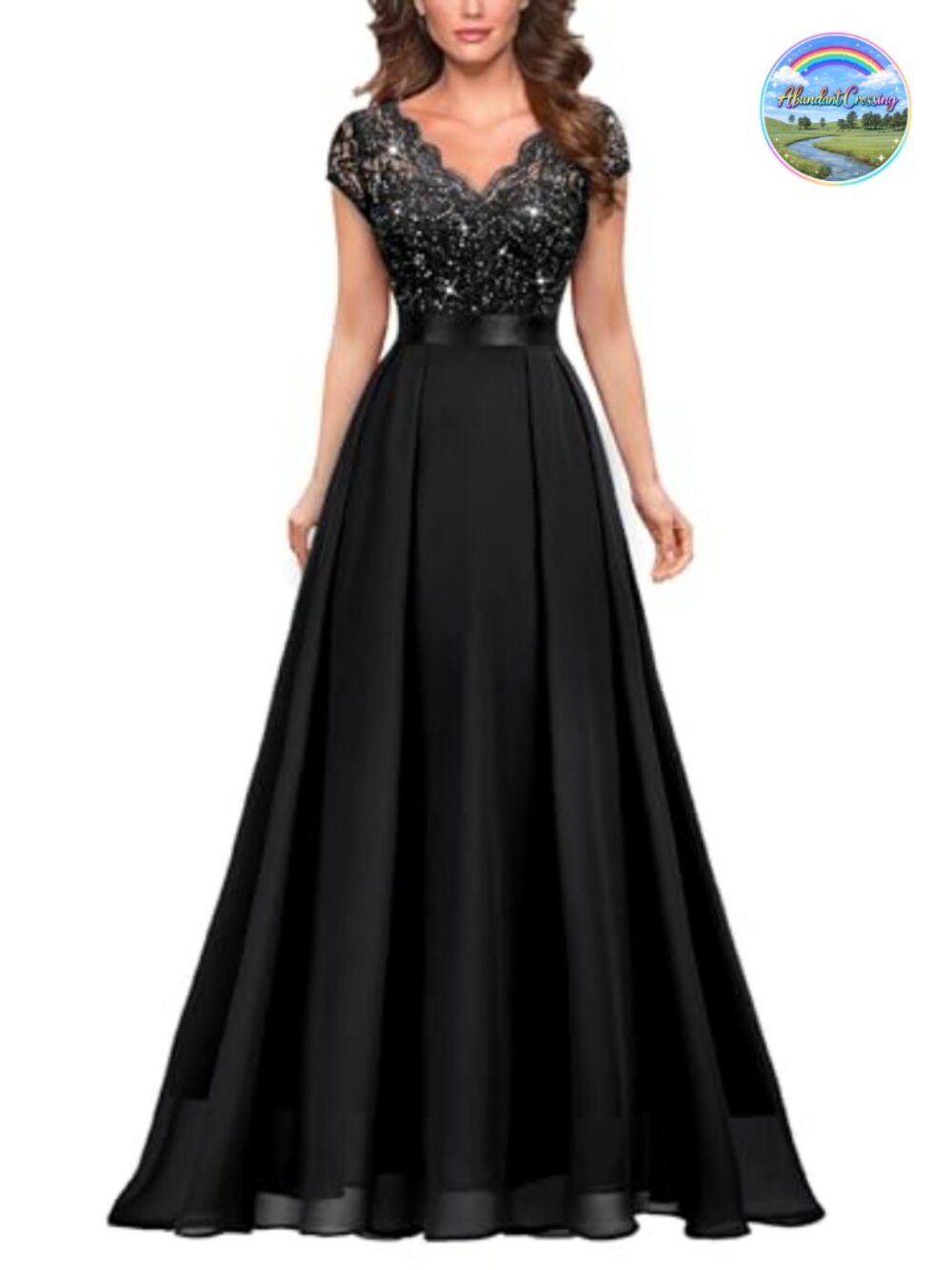 V-Neck Sequin Lace Formal Evening Maxi Dress Cap Sleeve A-Line Wedding